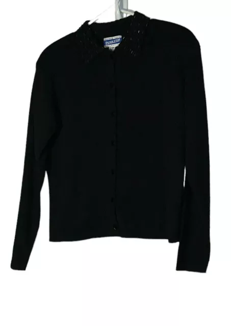 VINTAGE PENDLETON CARDIGAN Sweater Black Beaded Collar Size Medium Wool ...