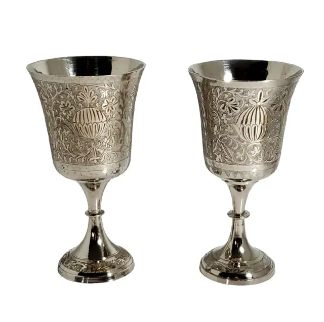 Pair Etched Chalice Goblets Silver Plate Brass World Gift Z . Y . India