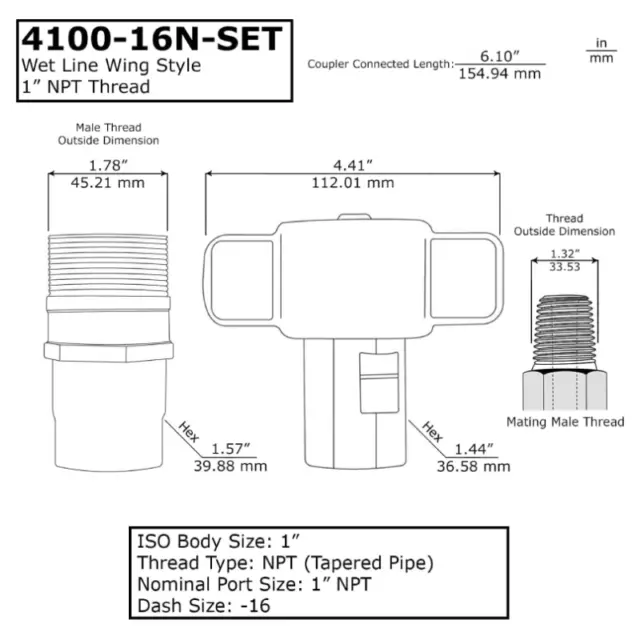 1" NPT Wet-Line Wing Nut Hydraulic Quick Disconnect Coupler/Coupling Set 3000PSI 2