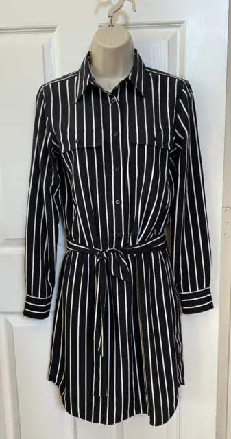 Lauren Ralph Lauren Shirt Dress Womens Sz 2 Black White Striped Long Sleeve EUC