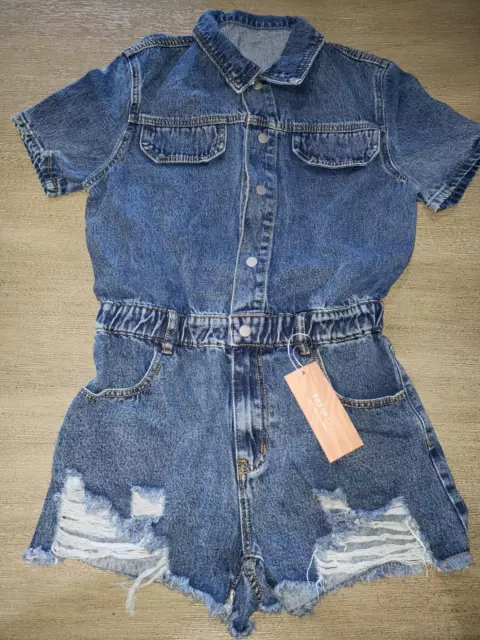 womens NEW NWT BLUE DENIM SHORTALLS ROMPER distressed MEDIUM 6 SNAP FRONT