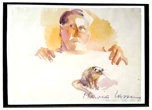 MARIA LASSNIG Selbstportrait mit Maus, HAND SIGNIERT mit Rahmen,  ZERTIFIKAT