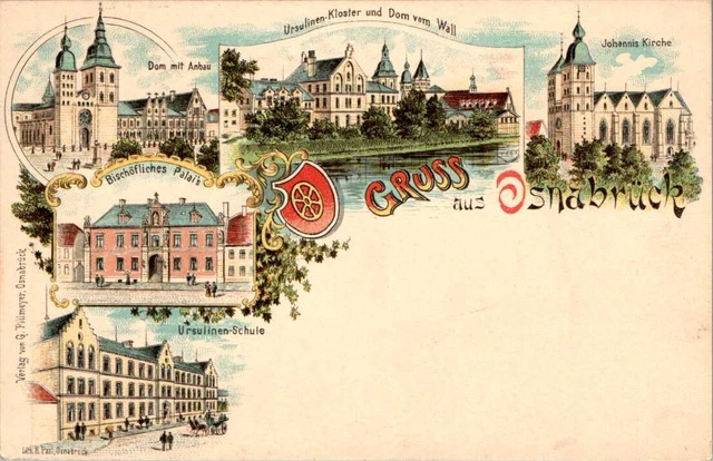 LITHO GRUß AUS OSNABRÜCK URSULINEN SCHULE + KLOSTER BISCHHÖFLICHES PALAIS 5BILD