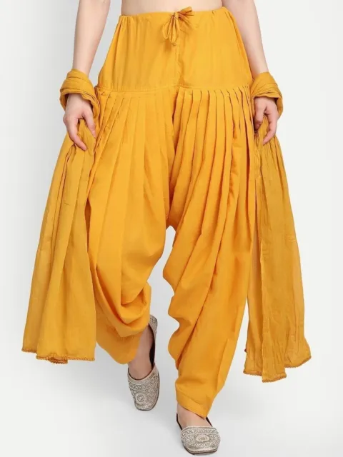 Women Yellow Cotton Plain Patiala Salwar Dupatta Set Premium Readymade Free Size