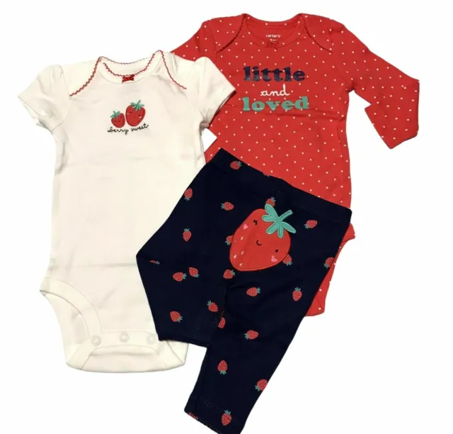 Carters Baby  Girls 3pc Pants & Bodysuit Strawberry Outfit Set Size 9-12 Months