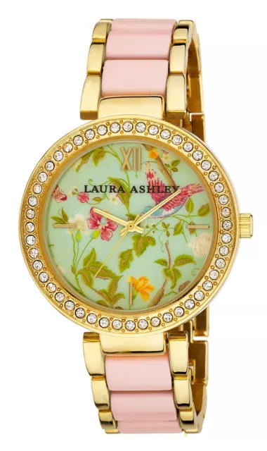 Laura Ashley Women's Duck Egg Floral Crystal Bezel Watch Comes in A Gift Box