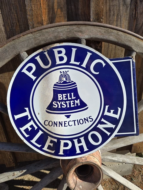 ANTIQUE BELL SYSTEM Public Telephone 2-sided Porcelain Flange Sign Rare ...