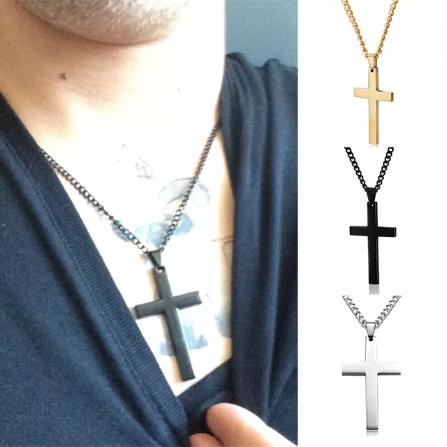 √STAINLESS STEEL CRUCIFIX Cross Pendant Necklace Silver Gold Mens ...