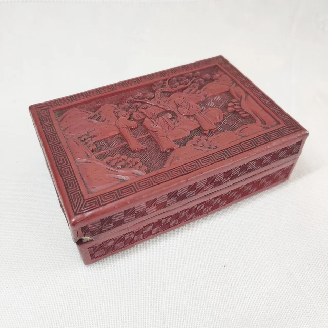 Antique Chinese Hand Carved Lacquer Cinnabar Red Trinket Box w/3 Figures By Tree