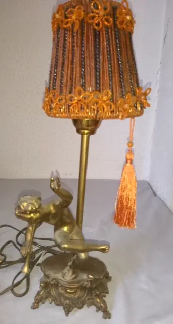 ANCIENNE LAMPE ANGELOT CHERUBIN TROMPETTE EN BRONZE signé 1950 avec ABAT JOUR