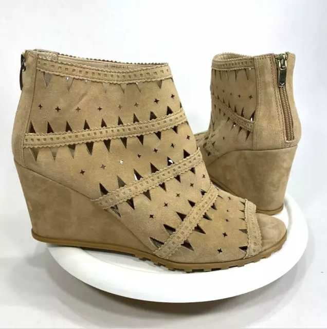 Via Spiga Leather Wedge Ankle Bootie Womens Size 10 Nubuck Brown Open Toe Zipper