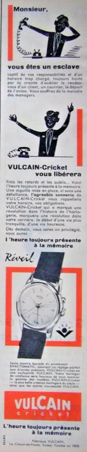 1957 Press Advertisement Vulcan Cricket Watch Alarm Will Free You