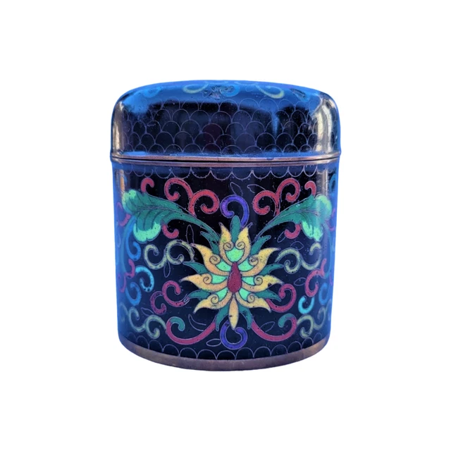 Vintage Chinese Green Scroll Foliage Cloisonné Lid Cylindrical Tea Jar