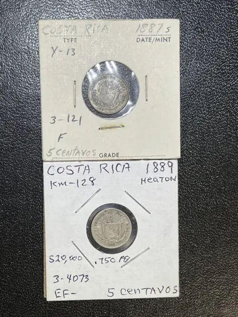 (2 Coins) Costa Rica 5 Centavos 1887-S & 1889  Heaton. FINE Coins