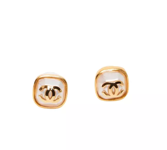 CHANEL CC LOGO Pearl AndSquare Gold Studs Post Earrings £69.89 - PicClick UK