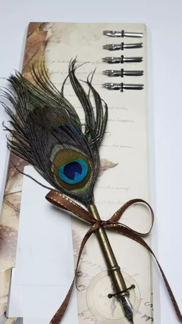 Peacock Feather Pen Set With Metal Quill Dip Pen With 5 Nibs - Calligraphy Gift 3