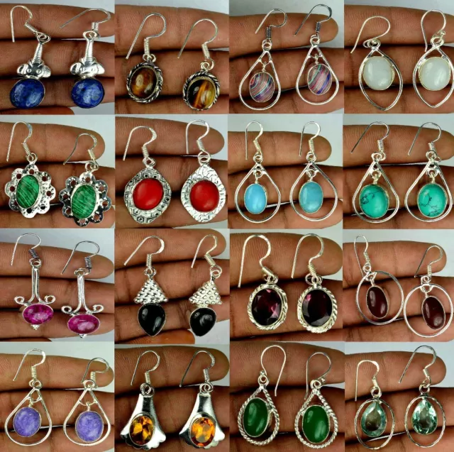 Jaspe & Mix Piedra Preciosa 925 Plata de Ley Capa Pendientes Lote 10 Piezas