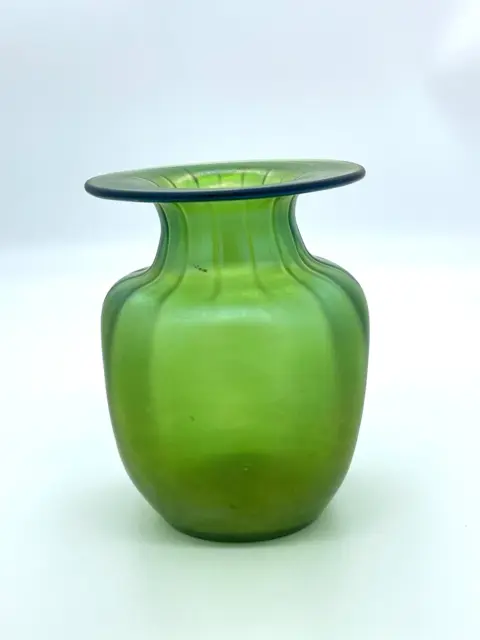 Antique Art Nouveau Loetz Style Green & Yellow Iridescent Glass Vase c1900s