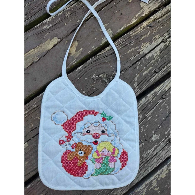 Vintage Baby Bib Christmas Embroidered Needlepoint Santa