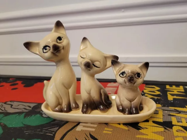 Vintage Siames Cat Salt & Pepper Shakers w/Kitten Toothpick holder Set Japan