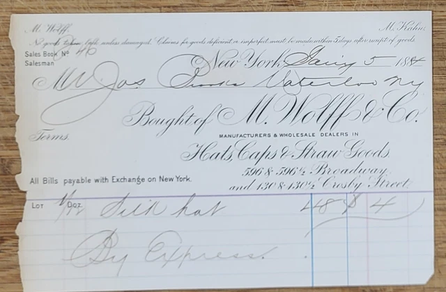 1884 Billhead New York City Wolff & Company Hats Caps Straw Goods
