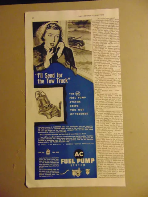 1949 AC FUEL PUMP SYSTEM Lady Needs Car Broke Down vintage print ad