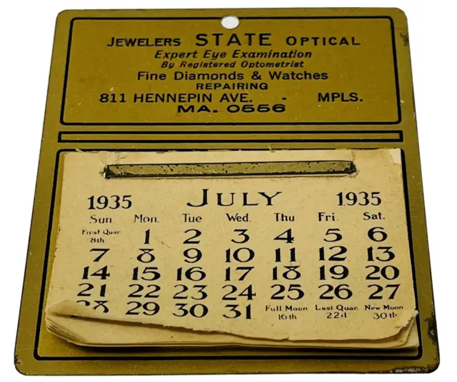 1935 Jewelers State Optical Minneapolis MN Desk Wall Calendar Eyewear Diamonds