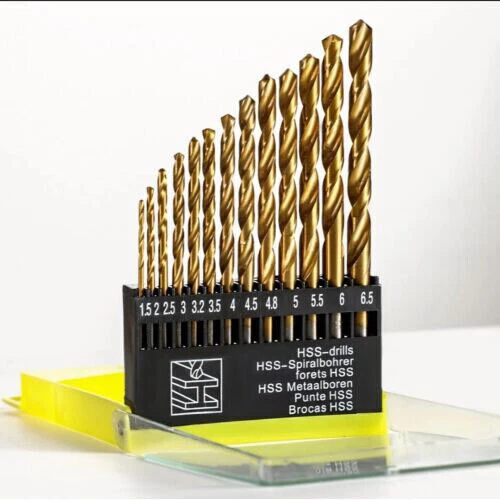 13Pcs HSS Titanium Coated Twist Drill Bit Set 1.5-6.5mm For Wood Drilling Metal