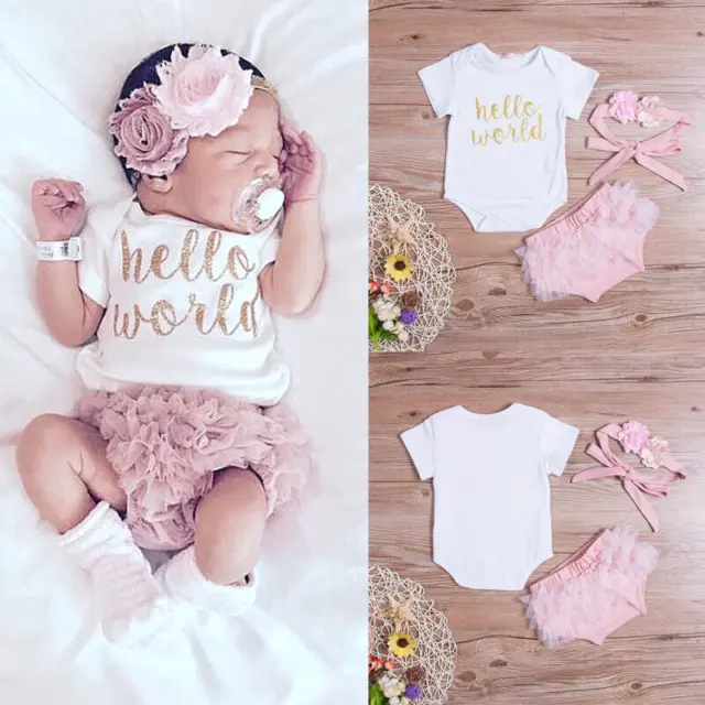 Newborn Baby Girls Outfit Clothes Hello World Romper Bloomers Headband 3Pcs Set