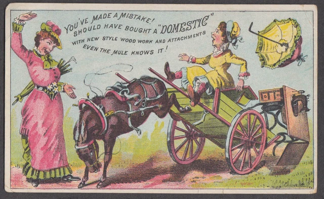 Horse bucks wagon ruins sewing machine Should've bought Domestic trade card 1880