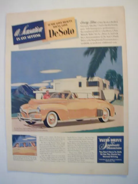 1941 De Soto Convertible Fluid Drive Rocket Bodied VINTAGE PRINT AD L054FS