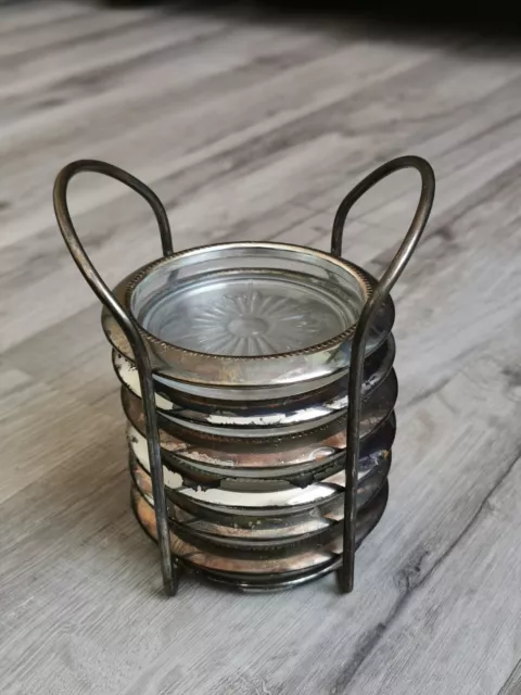 6 posavasos de vidrio decorados con montaje metálico Art Deco apilables en soporte