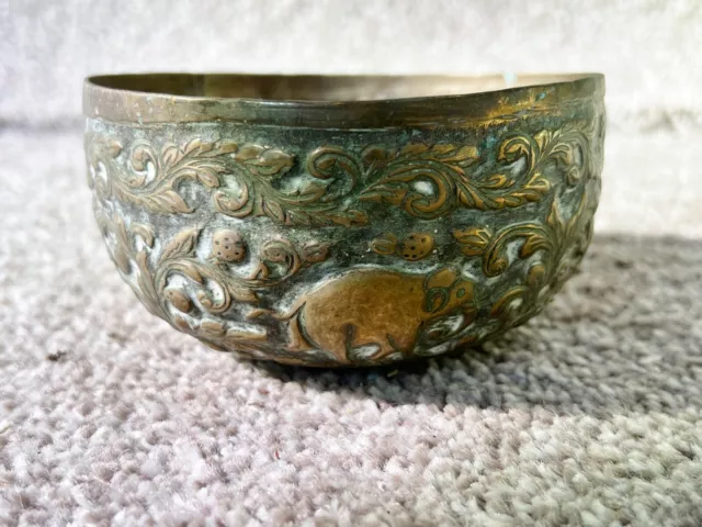 Antique Well Worked Small Brass Bowl Embossed Decoration Oriental Indian Islamic 2