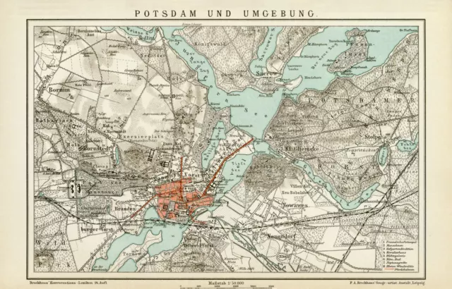 Potsdam Umgebung historischer Stadtplan Deutsches Reich Lithographie ca. 1892