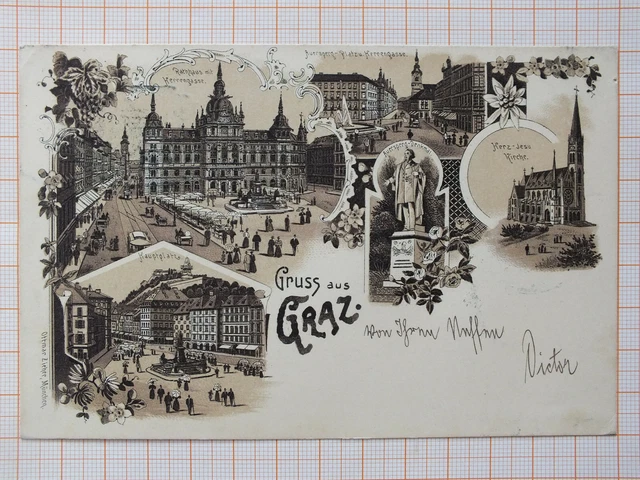 AK - Litho - Gruss aus Graz - gel.1897 - ua. Rathaus Herrengasse Herz-Jesu   m2