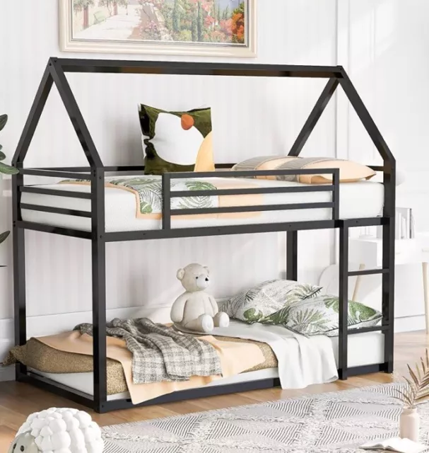 Twin Over Twin Black Bunk Bed Frame Cute House Rustic Kids