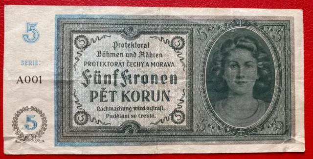 Protektorat Böhmen und Mähren 5 Kronen 1940 Banknote Guter Zustand