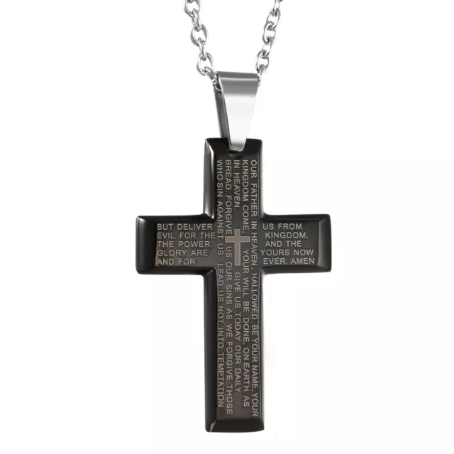 MENS CROSS NECKLACE Stainless Steel Lords Prayer Bible Verse Pendant ...