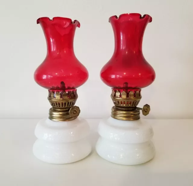 Pair of Vintage White Milk Glass Miniature Oil Lamps Ruby Red Globe Hong Kong