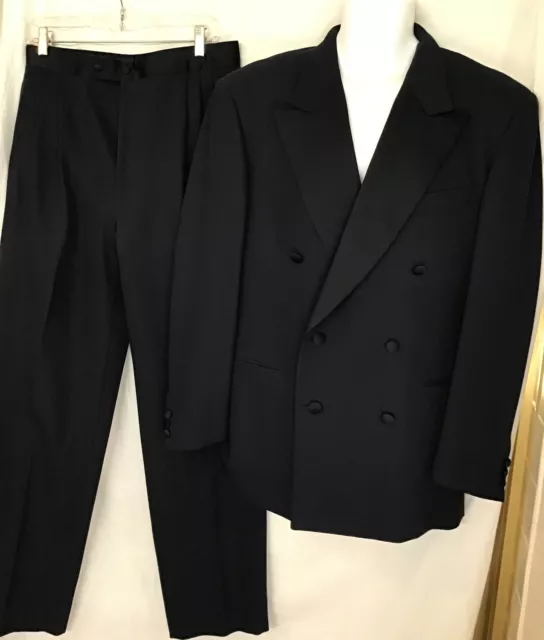 pal zileri Tuxedo Navy Double Breasted Pleated Pants 32” Satin Lapel Size 40 R 2