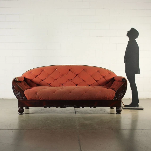 Restoration Boat Sofa Mahogany Padded Fabric - Italy 19th Century 🇮🇹 2