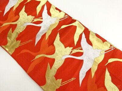 69060# Japanese Kimono / Antique Fukuro Obi / Woven Cranes