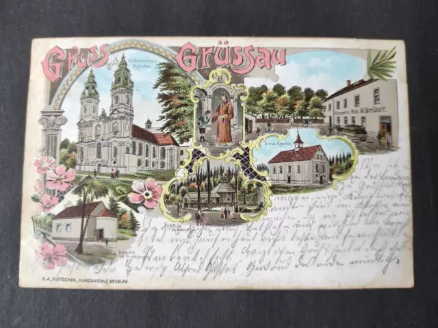alte Ansichtskarte,Gruss aus Grüssau,Schlesien,Litho