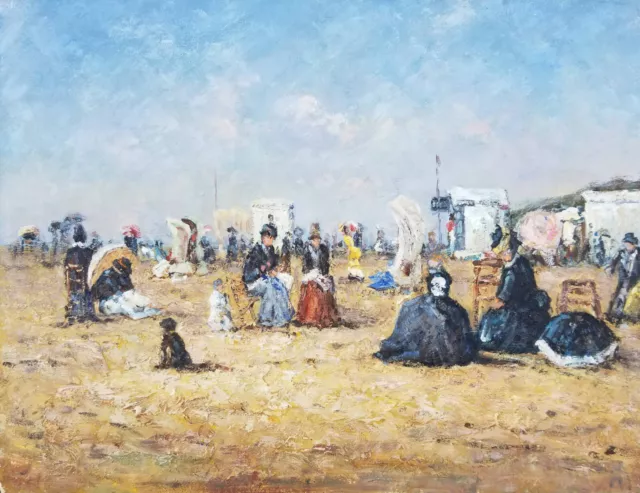 Impressionistisches Gemälde: Bunte Strandszene, Menschen am Strand, Meer, sign.