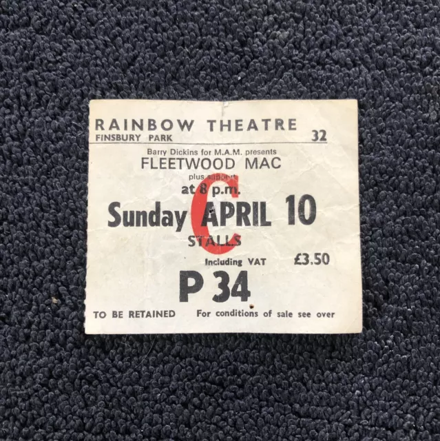 FLEETWOOD MAC - Concert Ticket Stub Rainbow Theatre, London - 1977- Rumours Tour