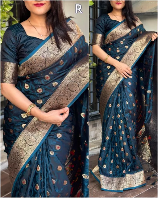 Presenting pure satin silk saree with glimpse of zari weaving pallu