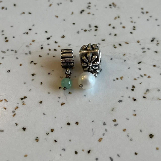 Lot of 2 Pandora 925 Sterling Silver Women Charms Flower Pearl and Blue Dangle