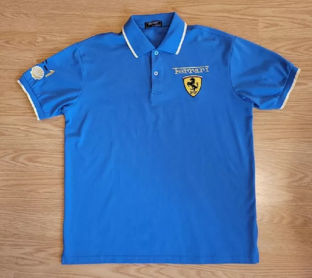 FERRARI F-1 SHELL Men's Blue Short Sleeve Cotton Embroidered Golf Polo Shirt XXL