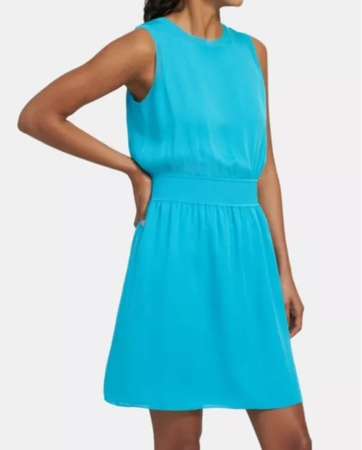 Theory Rib-Trim Dress Fiji Blue Silk Combo Women's Size L NWT w/Defect MSRP$395