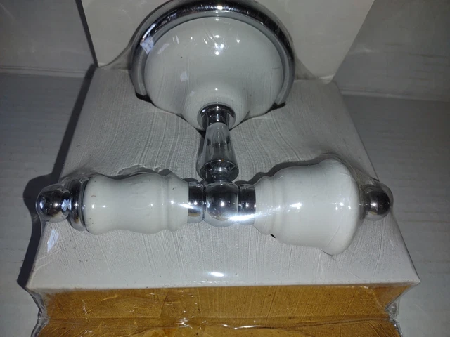 NEW Coat Hat Robe Double Hook Hanger Polished Chrome Finish White Ceramic Knobs 2